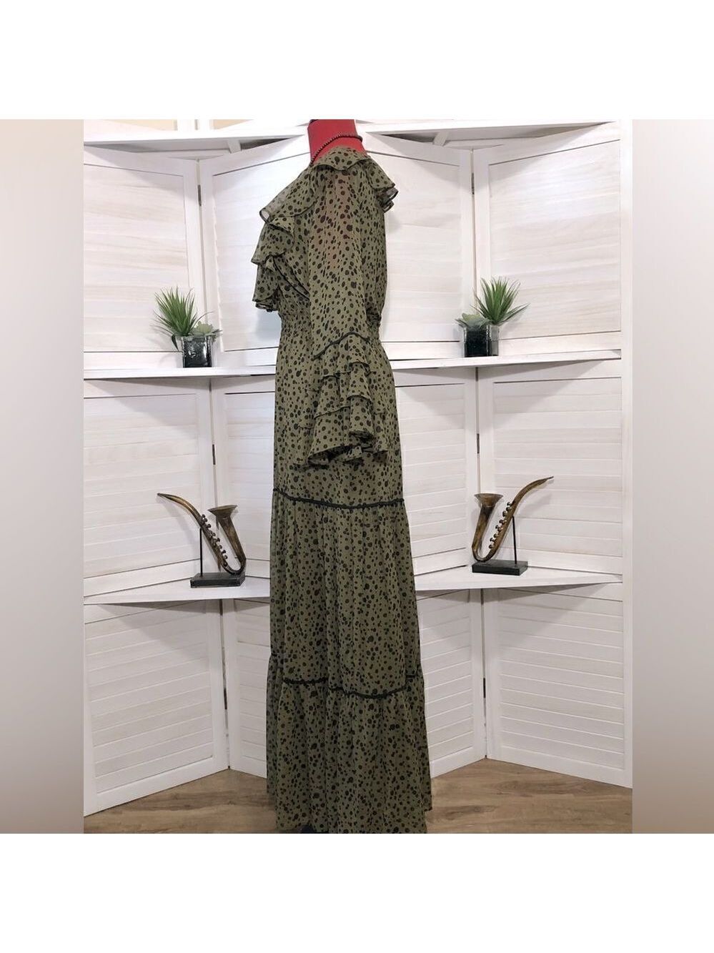 Misa LosAngeles Dress chiffon Green Dot Ruffle whimsigoth fairy festival boho XS - Picture 7 of 8